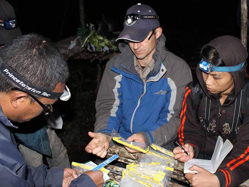 three people working in the dark with head lights on