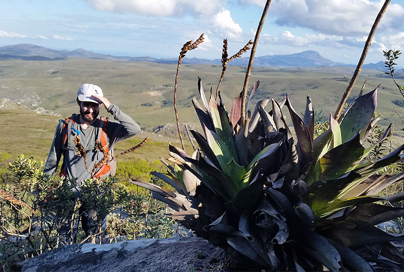 a man standing in front of a large plant