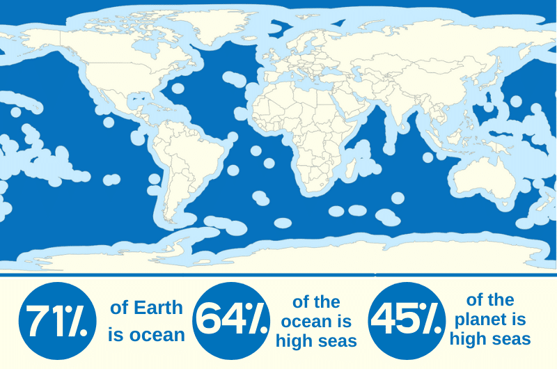 A map of the world highlighting the high seas. A graphic below the map says 71% of Earth is ocean, 64% of the ocean is high seas, 45% of the planet is high seas.