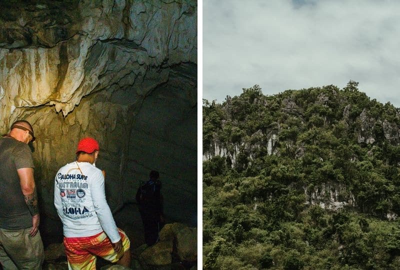 Two images side by side, one of two people walking in a dark limestone tunnel and one of a tree-covered rocky outcrop of limestone.