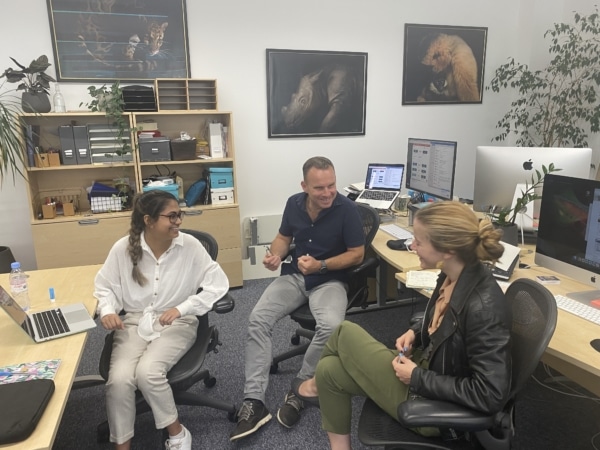 Communications team working, Reefah Chowdhury (left), Jim Peetiward (middle) and Nina Seale (right)