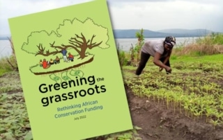 'Greening the grassroots' report imposed over a photograph of someone tending crops