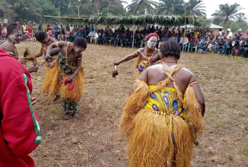 Dancers in traditional clothing performing to a crowd