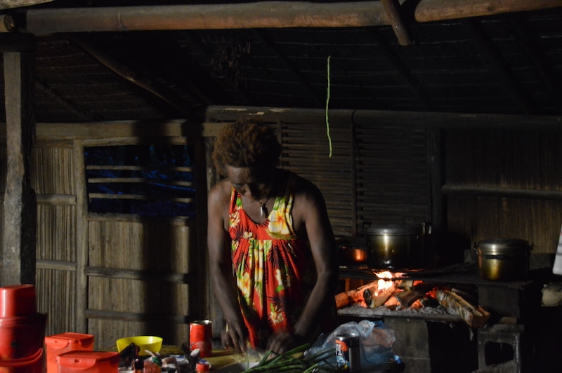 A woman cooking in a dark kitchen with a pot on the fire.