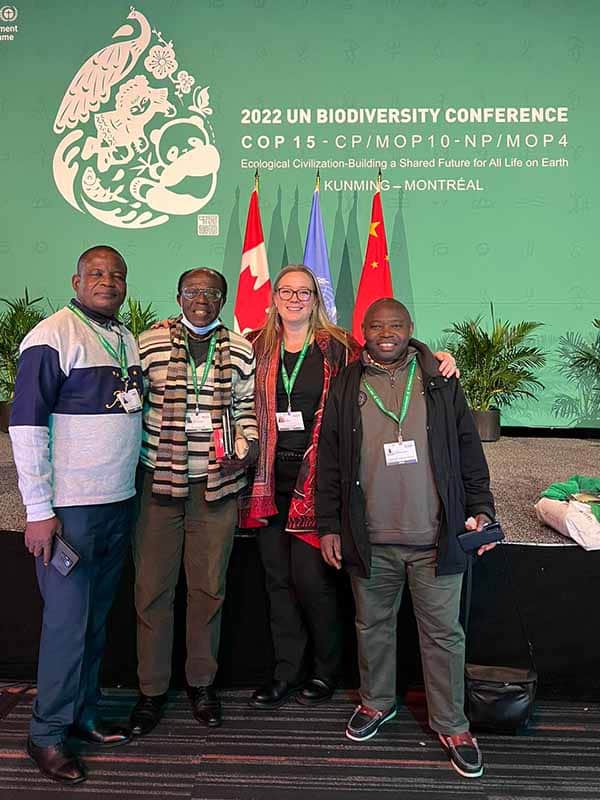 Synchronicity Earth co-founder Jessica Sweidan with Congo Basin partner Jean-Christophe Bokika (MMT), affiliate Dr Bihini Won wa Musiti (SE Congo Basin Affiliate) and Joseph Itongwa (ICCA Consortium)