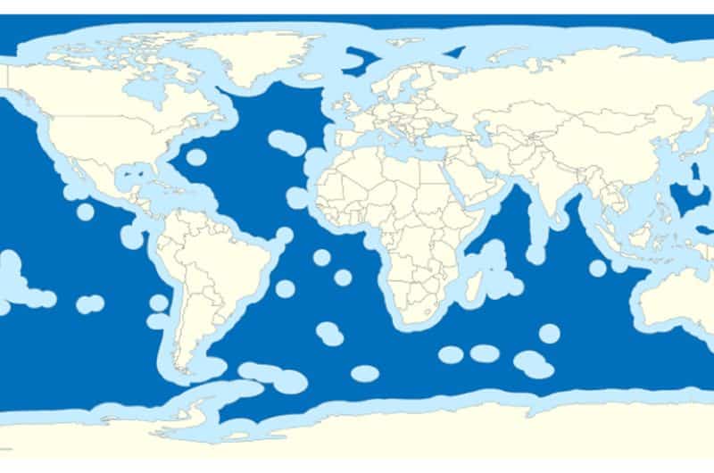 Map of the world, with national waters in light blue and the high seas in dark blue. The map shows that the high seas make up the majority of the earth's ocean area, with national waters forming a thin border around landmasses. 