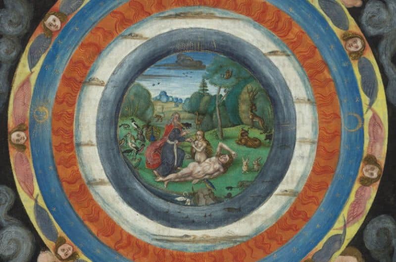 Medieval illustration of the story of Adam and Eve. God, depicted as a bearded old man, pulls Eve out of Adam's side. They are surrounded by a green landscape and small animals. The image is round, encircled by rings of water, clouds, fire, and sky.