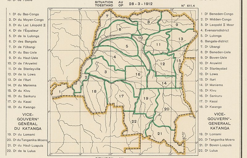 Map of districts in the Belgian Congo as of 1912. Many of the 22 districts appear to have completely arbitrary boundaries.