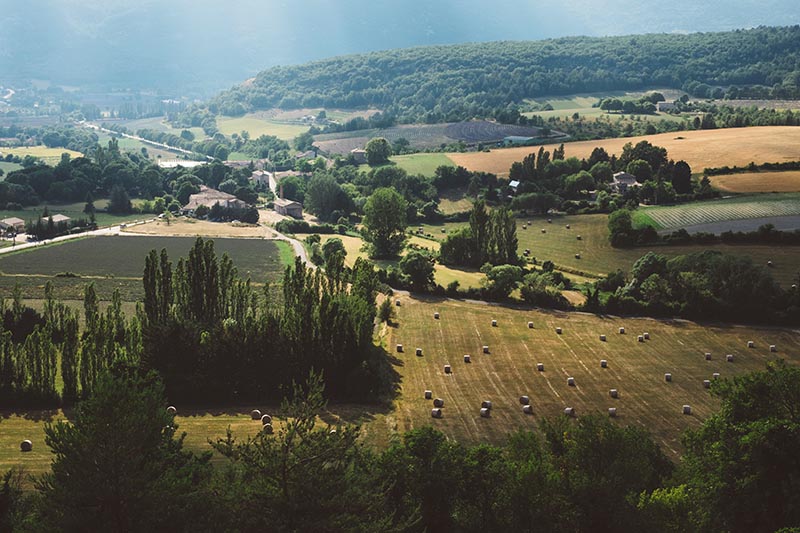 A valley landscape of fields, trees, and houses