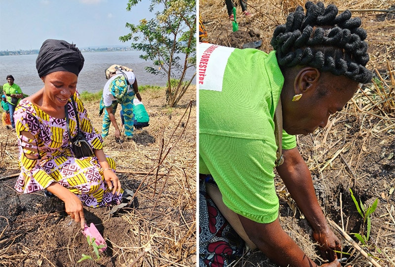 Two images of women planting trees in Africa. On the right the wide Congo River is visible behind her.
