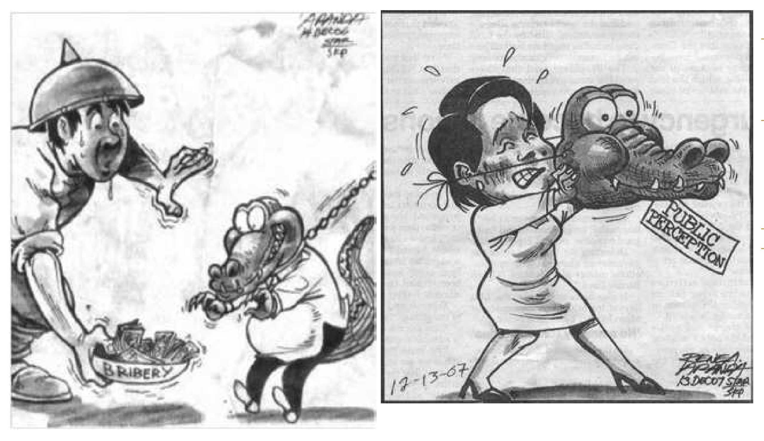 Two black and white cartoons from newspapers featuring crocodiles as greedy/corrupt politicians