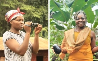 Merline holding a video camera and Julie holding aubergines