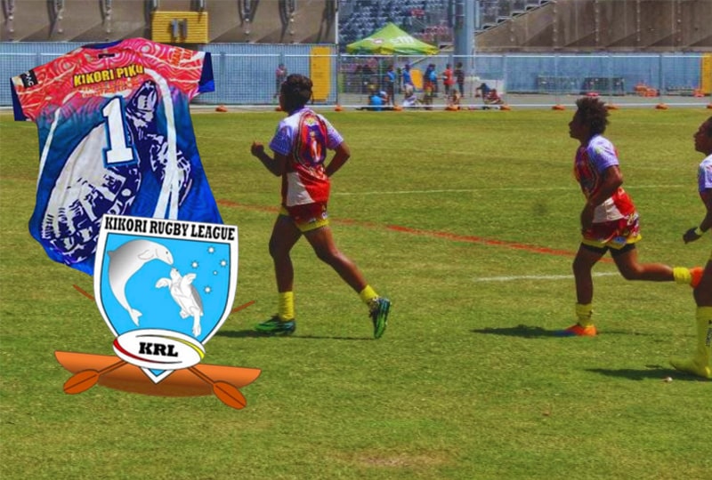 Kikori Rugby League's Piku women's team practice. On top of the photo is an 
