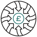Arrows pointing to a British pound sign, representing various sources of incoming income.