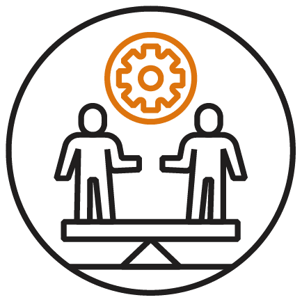 Two silhouettes standing on a balance beam, joining hands to symbolise collaboration and support for core funding