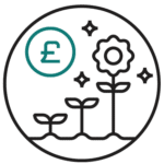 Icon featuring a British pound sign and three blades of grass, one with a flower, symbolising growth