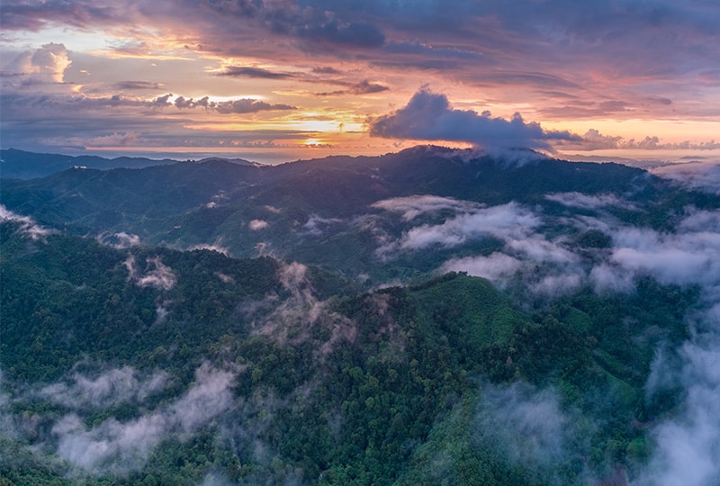 Majestic sunset over the Crocker Range and misty highlands of Ulu Papar
