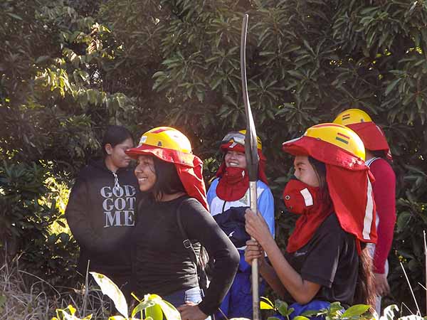 Young women wearing firefighting clothes with equipment pictured in the forest