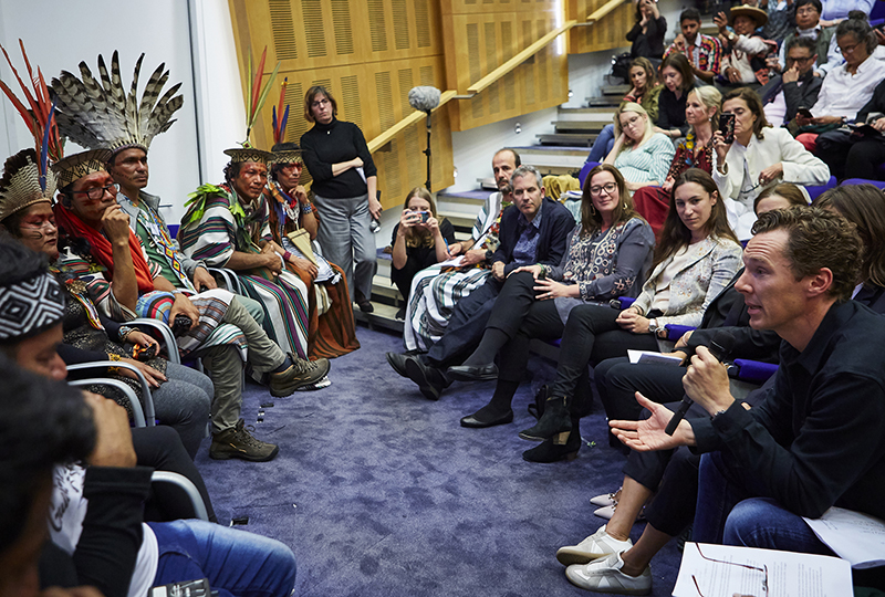 A group of Indigenous leaders speaking at an event at UCL with an audience member asking a question