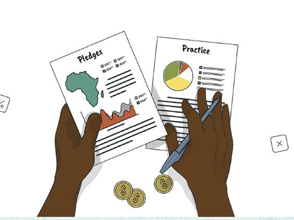 An illustration of two hands on top of documents titled Pledges and Practice