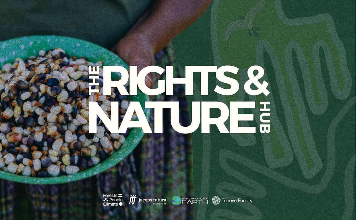 Rights and nature Hub logo with hands in background holding a bowl of seeds